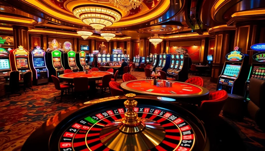 Exciting poker game and slot machines in a bustling casino, highlighting https://esfa.eu.com/ for online betting options.