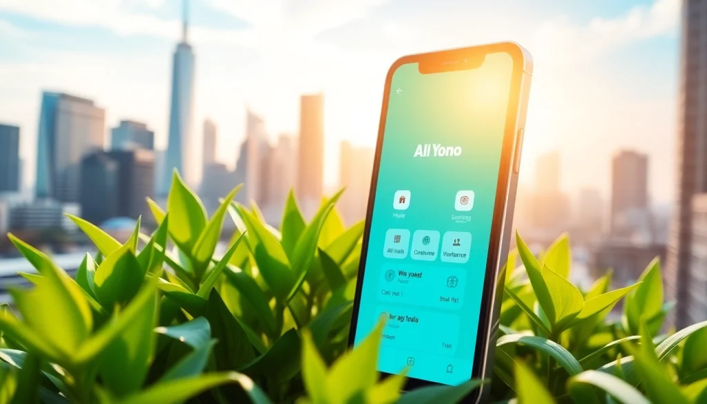 Explore the features of the All Yono App displayed on a smartphone in an urban setting.