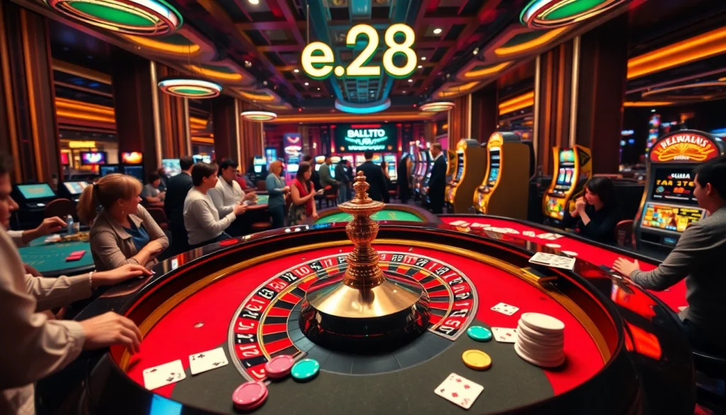 Experience thrilling gameplay at e28 casino’s roulette table, surrounded by eager players and vibrant lights.