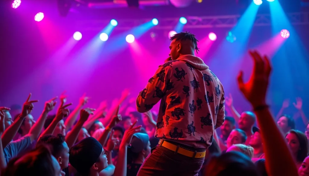 Experience the electrifying performance of Ok88, a dynamic hip-hop artist engaging a lively audience.