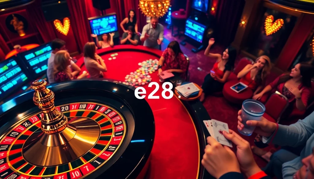 Gamble at the thrilling e28 casino, where players are immersed in the action of roulette and card games.