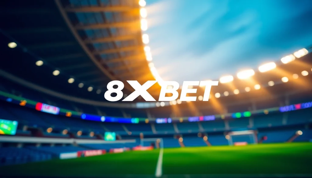 View the dynamic 8XBET logo set against an exciting urban sports backdrop.