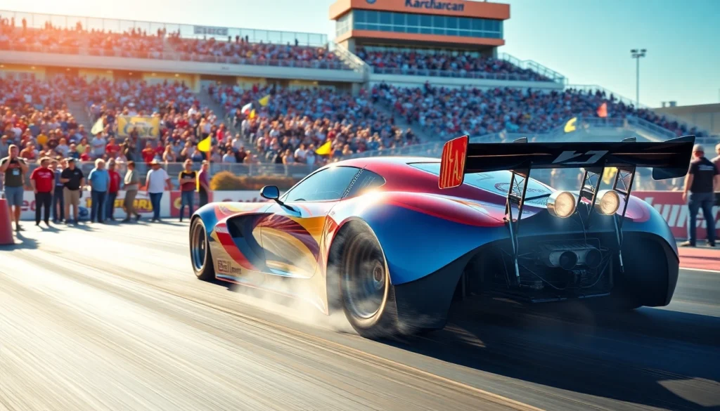 Experience thrilling Drag Racing Events with cars speeding down the track, showcasing excitement and adrenaline.