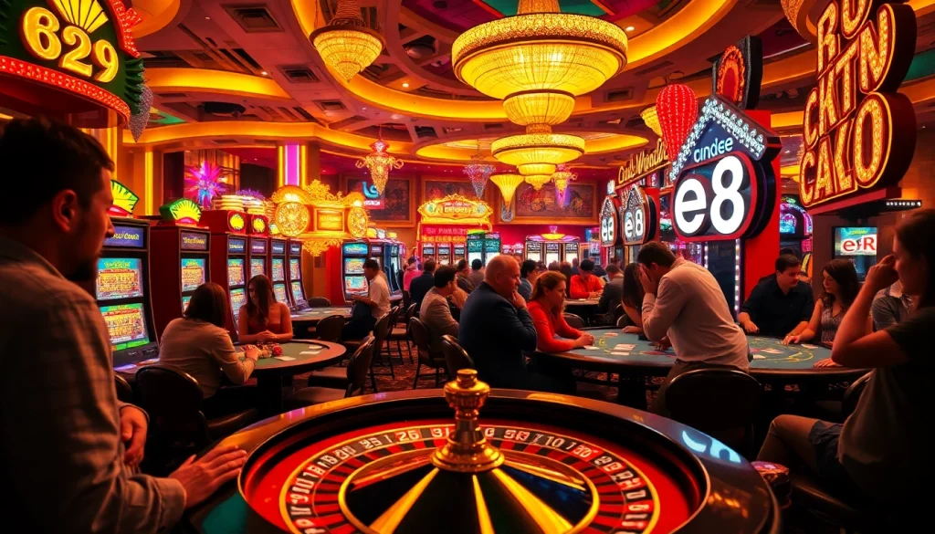 Players enjoy exhilarating games at the casino's vibrant floor with e28 promotions highlighting thrilling betting opportunities.