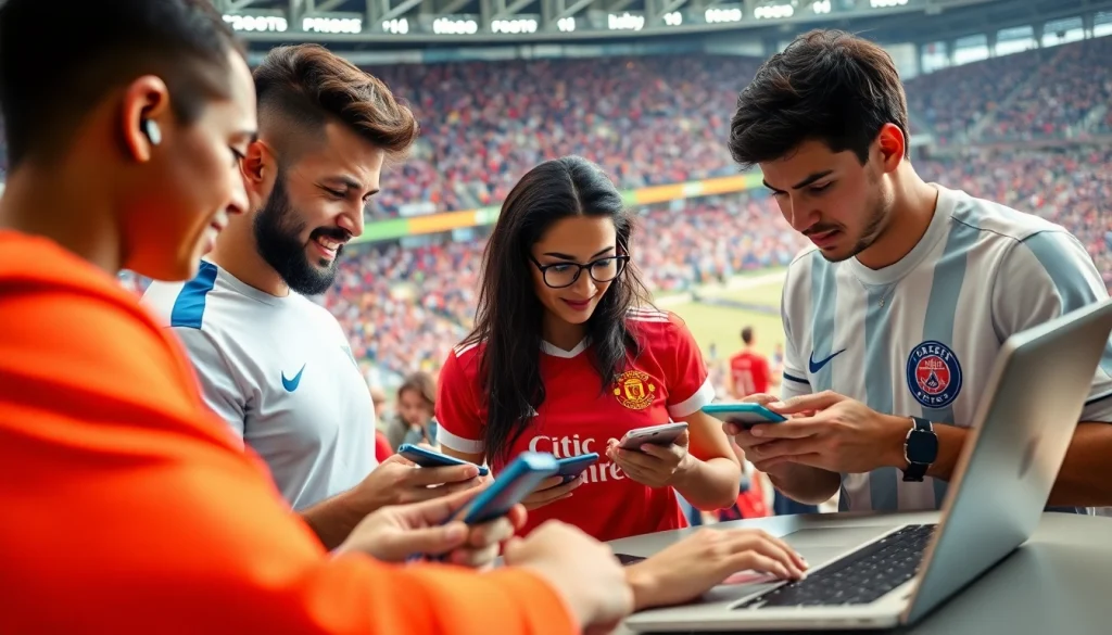 Engaged individuals using 22bet on mobile devices in a vibrant sports betting scene.