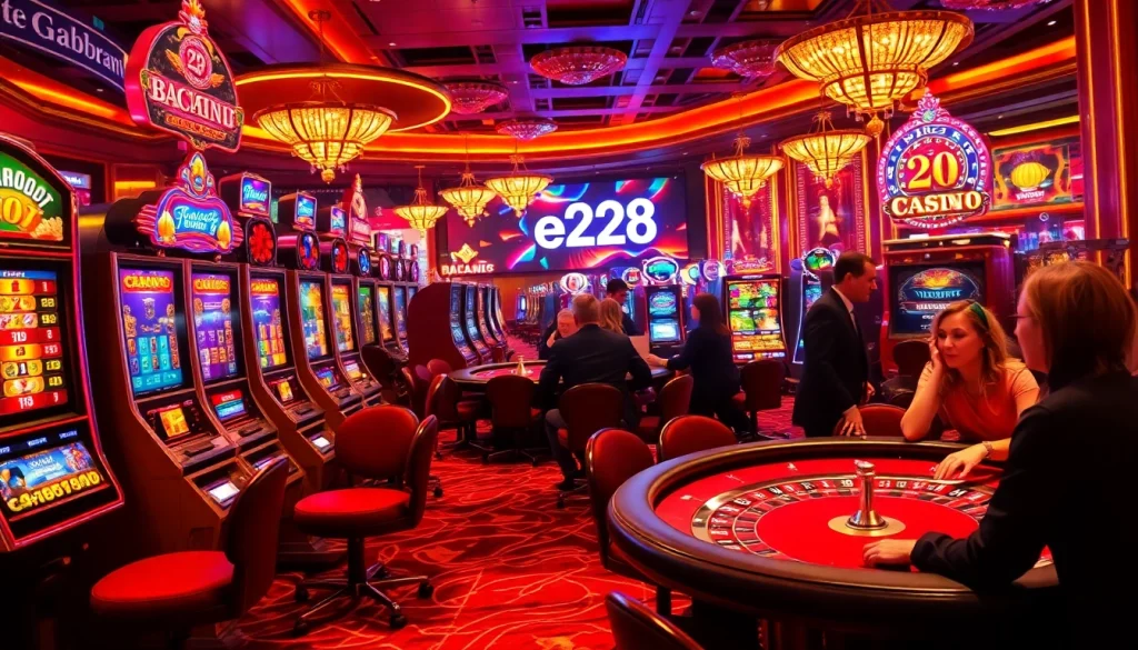 Explore the vibrant energy of e28's casino floor featuring luxurious slot machines and intense poker action.