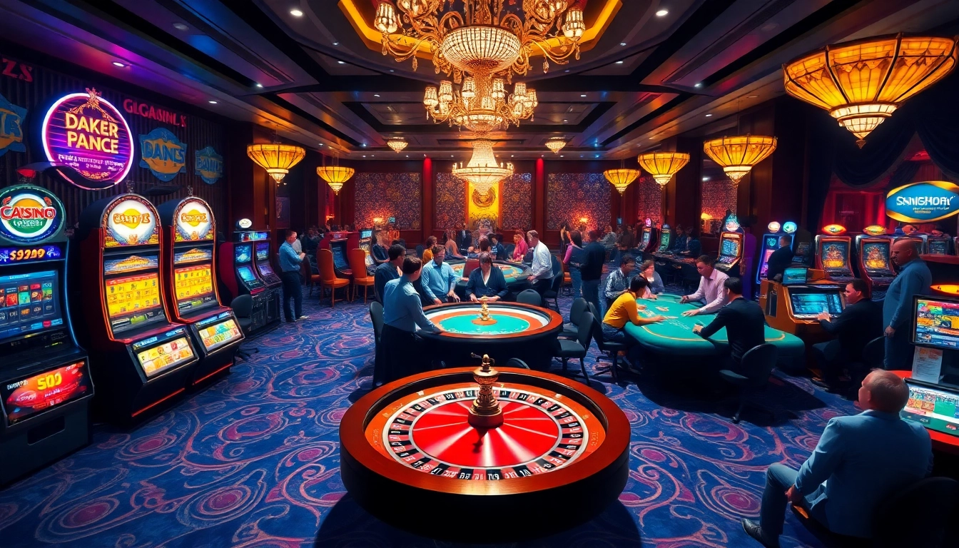 Exciting gambling atmosphere at https://sshbet.io/ with players winning at roulette and poker tables in a vibrant casino.