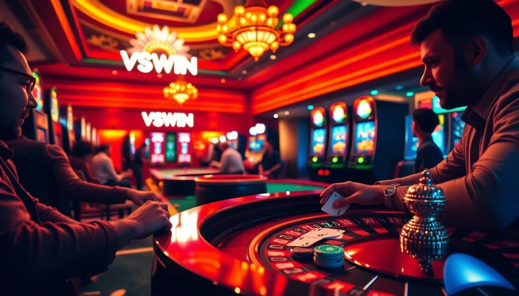 Experience the thrill of VSWIN as players revel in a high-stakes poker game amidst dazzling casino lights, capturing the essence of winning.