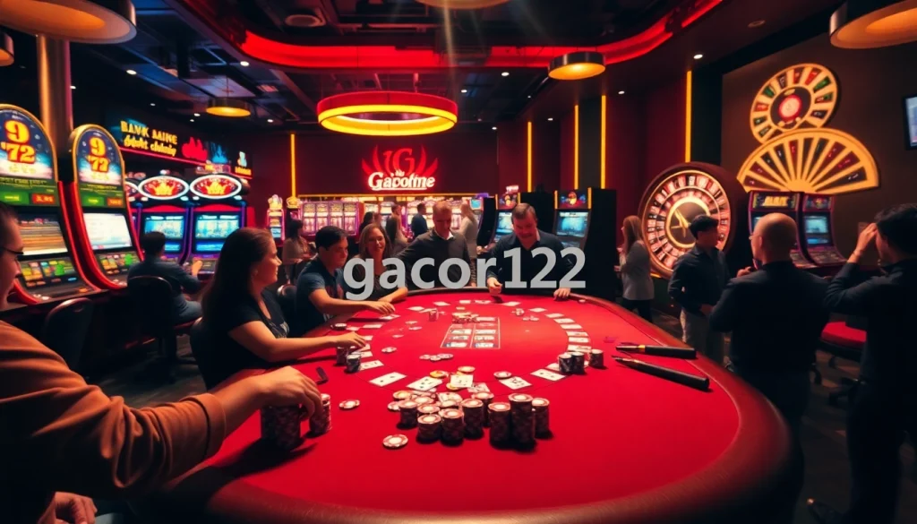 Experience gacor123 excitement at a lively poker table with vibrant chips and cards.