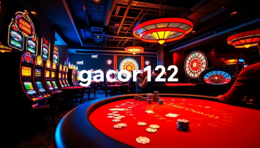 Experience gacor123 gambling excitement with players at blackjack tables and vibrant slot machines in a lively casino.